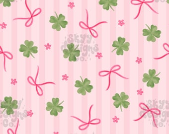 May include: A repeating pattern featuring green four-leaf clovers, pink bows, and small pink flowers on a light pink and white striped background. The design has a watercolor effect, with the text "sky designs co." in the background.