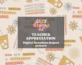 Teacher seamless file, teaching pattern for fabrics and wallpapers, Bright back to school digital paper pattern file, pastel seamless