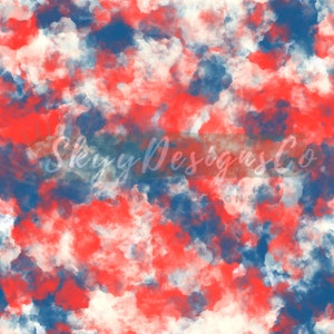 May include: Abstract seamless pattern with red, white, and blue watercolor clouds. The colors are blended together to create a tie-dye effect.