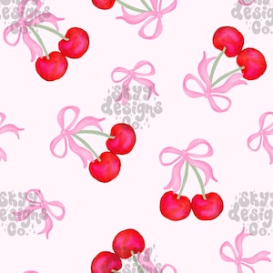 Acquerello coquette cherry fiocchi senza soluzione di continuità motivo design per San Valentino, Carta digitale Frutta e fiocchi Carta digitale, Uso commerciale
