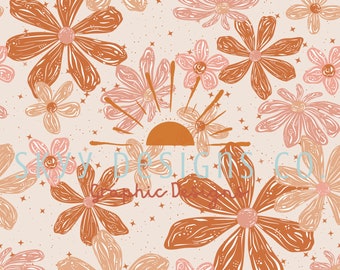 Patrón floral bohemio de margaritas sin costuras, patrón de flores brillantes mágicas, descarga digital en papel