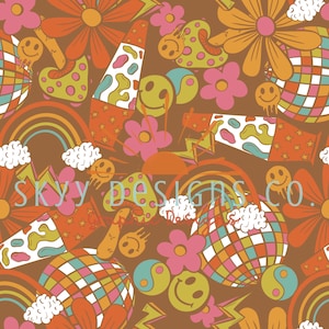 Retro groovy vintage hongo floral digital sin costuras para telas y papeles pintados, archivo de papel digital retro Groovy, hippie sin costuras