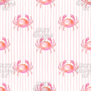 May include: A seamless pattern featuring pink crabs on a white background with pink stripes. The crabs are drawn in a watercolor style.