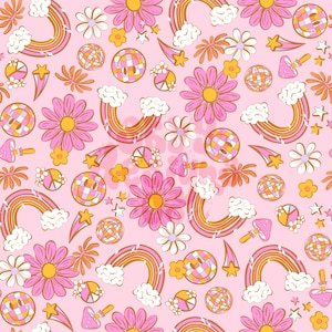 Bright Summer Retro groovy mushroom seamless repeat pattern, Retro seamless repeat patterns for fabrics