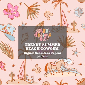 Patrón sin costuras de playa de verano occidental, Descarga digital de diseño de patrón de repetición sin costuras de verano occidental de moda, Patrón de verano boho femenino