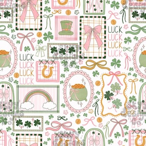 Peut inclure: Motif répété sur le thème de la Saint-Patrick. Le motif comprend des chaudrons d'or, des trèfles, des nœuds, des arcs-en-ciel, des fers à cheval et le mot "LUCK". La palette de couleurs est composée de rose, de vert, d'or et de blanc.