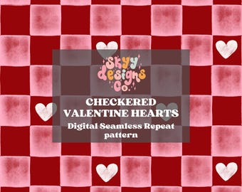Retro Checkered Hearts Seamless Pattern for Valentine's Day, Watercolor Pattern Paper Digital Download