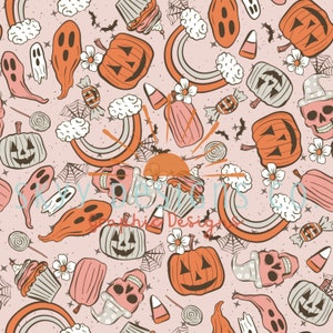 Pastel trendy Halloween pumpkins digital seamless pattern for fabrics and wallpapers, Pastel muted Halloween digital paper pattern