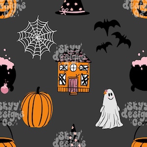 Girly ghosts and pumpkins seamless pattern for Halloween, Kids Halloween pattern, Commercial use, Trendy Halloween Repeating pattern
