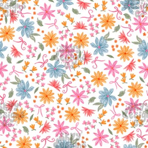 May include: A floral pattern featuring a variety of flowers and bows in shades of pink, orange, and blue, set against a white backdrop. The design includes green leaves and small orange buds, with pink bows interspersed.