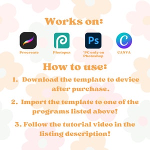 May include: A graphic with instructions on how to use a digital template. The graphic features icons for Procreate, Photopea, Photoshop, and Canva. The text reads "Works on:" and "How to use:" followed by three numbered steps.