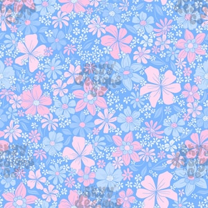May include: A seamless pattern featuring a variety of pink and blue flowers on a light blue background. The flowers are arranged in a random pattern and are of varying sizes.