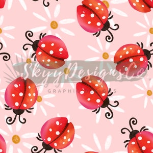 Modello senza cuciture digitale coccinella floreale margherita per tessuti e carte da parati, modello senza cuciture di insetti, coccinelle floreali di carta digitale