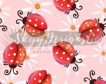 Watercolor Ladybug Floral Seamless Pattern for Spring, Girly Bugs Pattern Paper Digital Download
