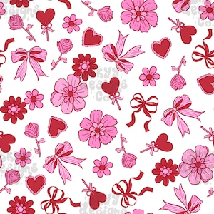 Preppy coquette bows seamless pattern design for Valentine's day, Valentine Digital paper instant download, Valentine floral hearts