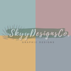 May include: A logo design for a graphic design company called "Skyy Designs Co." with the text "GRAPHIC DESIGNS" below the logo. The logo is a brush stroke in a light green color with white text. The background is a collage of four different colors: light blue, light pink, light yellow, and light gray.