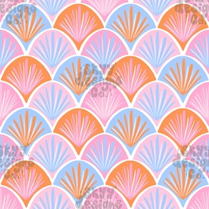May include: A seamless pattern of overlapping orange, pink, and blue scales. The scales are arranged in a repeating pattern, creating a geometric design.