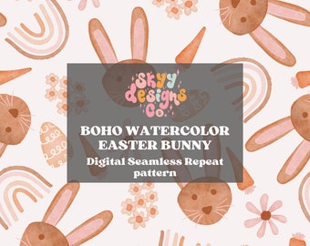 Watercolor Easter Bunny Seamless Pattern, Boho Spring Pattern Paper Digital Download