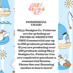 May include: A light blue and white pattern featuring cartoon ducks in boats, on floats, and fishing. The image includes the text "Skyy Designs Co." and information about commercial usage of the patterns.