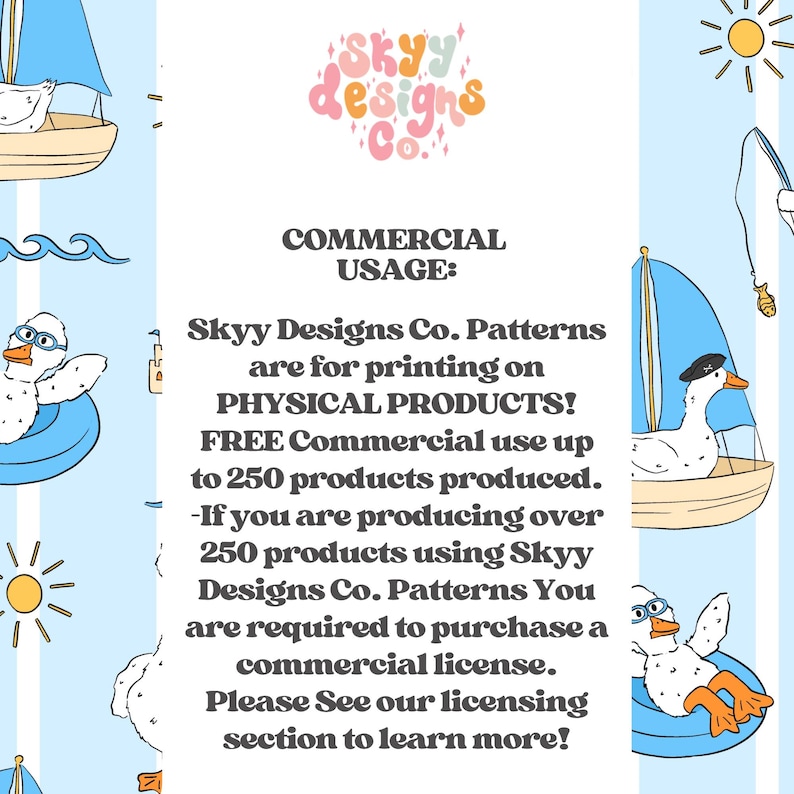 May include: A light blue and white pattern featuring cartoon ducks in boats, on floats, and fishing. The image includes the text "Skyy Designs Co." and information about commercial usage of the patterns.