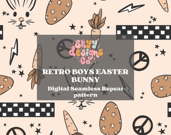 Retro Boys Bunny Seamless Pattern for Easter, Neutral Pattern Paper Digital Download