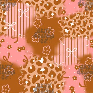 May include: A seamless digital pattern featuring a patchwork design of brown leopard spots, pink sections with white line-drawn flowers and bows, and vertical striped panels with white bows. The text Sky Designs Co. appears in a repeating watermark.