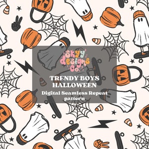 Halloween Boys Pumpkin Ghosts Seamless, Patrón digital sin costuras para niños para telas, Patrón sin costuras fantasma Spooky Skateboard, Papel digital