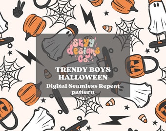 May include: A seamless repeat pattern featuring a variety of Halloween themed illustrations, including ghosts, pumpkins, candy corn, spiderwebs, lightning bolts, and skateboards. The pattern is in a trendy boys style and is perfect for use in digital projects.
