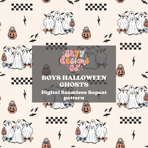 Trendy Halloween boys pumpkins and Ghosts digital seamless pattern for fabrics and wallpapers, Spooky ghost seamless pattern, Ghosts pattern