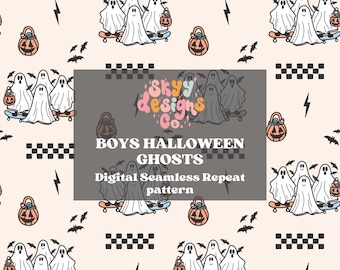 May include: A seamless repeat pattern featuring a group of ghosts riding skateboards and carrying jack-o-lanterns. The background is a light beige with black and white checkered patterns, bats, and lightning bolts. The text "Boys Halloween Ghosts" and "Sky Designs Co." is included in the pattern.