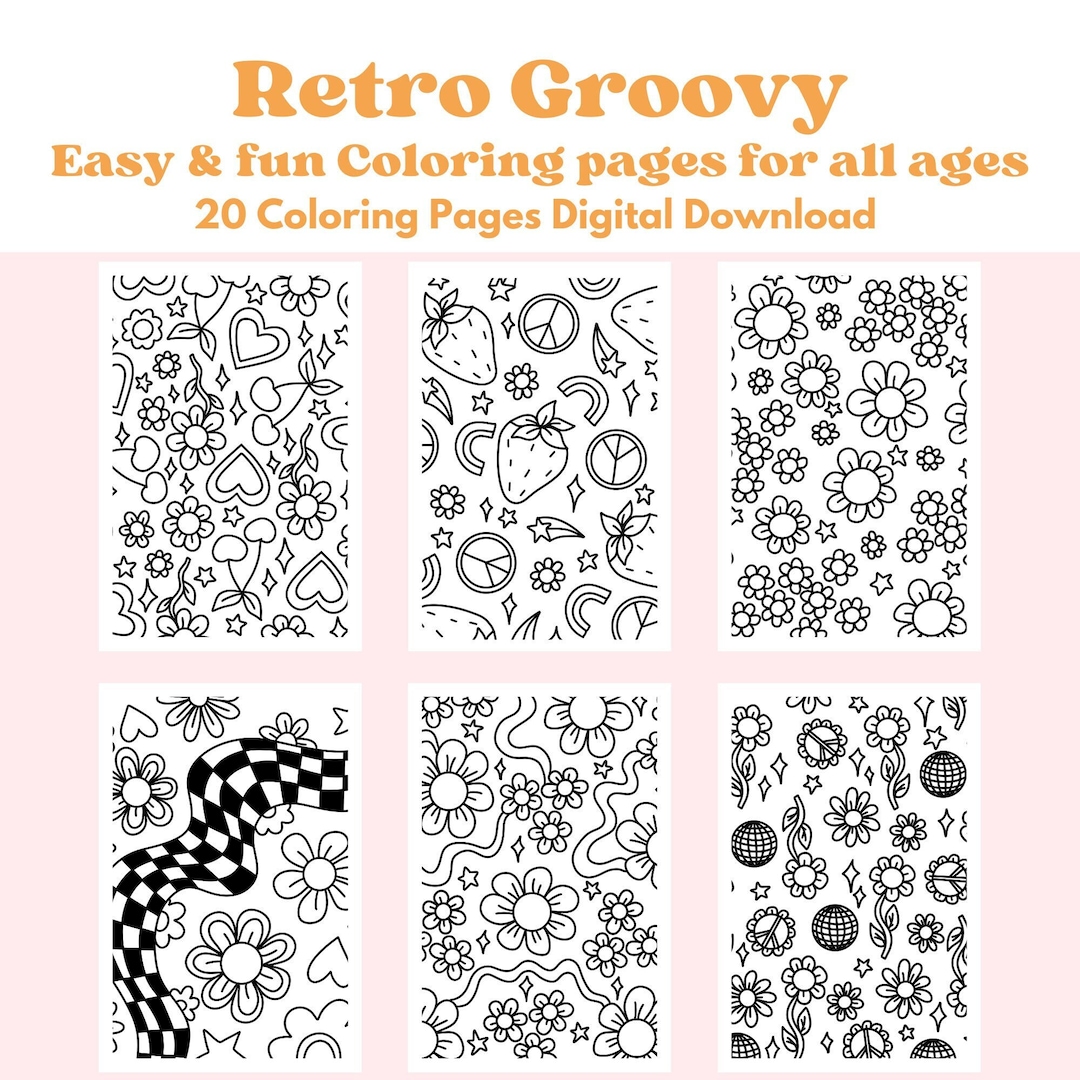 Easy Retro Style Coloring Pages for Adults, Printable Coloring Book for ...