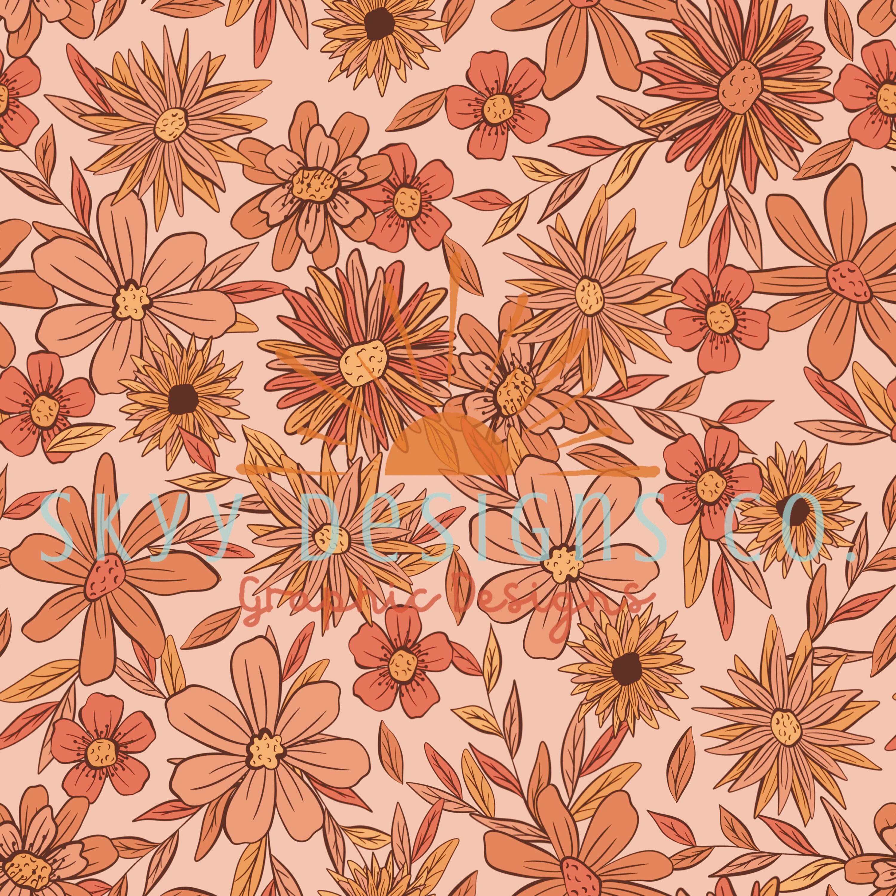 Fall floral daisies digital seamless pattern for fabrics and wallpapers, retro Halloween digital paper file for fabrics, neutral floral file