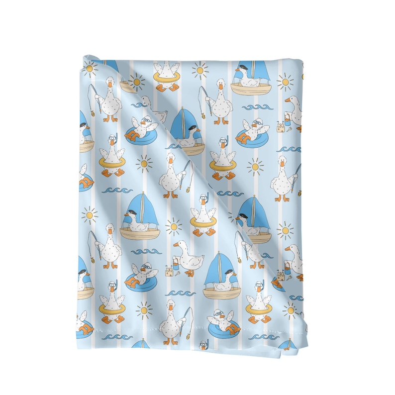 May include: A light blue fabric with a repeating pattern of cartoon geese enjoying various summer activities. The geese are fishing, sailing, and relaxing in the sun. The design includes sailboats, suns, and waves.