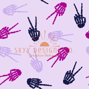 May include: A seamless pattern featuring peace signs made of skeleton hands in shades of purple, pink, and blue on a light purple background. The text "Skyy Designs Co. Graphic Design" is in the centre of the pattern.