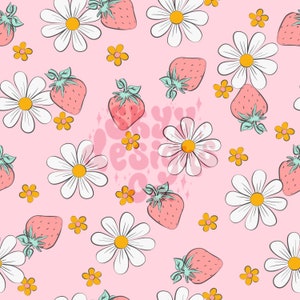 Retro Strawberry digital seamless pattern for fabrics and wallpapers, Strawberry floral digital paper pattern, strawberry daisy digital file