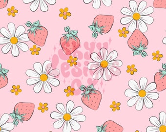 Retro Strawberry digital seamless pattern for fabrics and wallpapers, Strawberry floral digital paper pattern, strawberry daisy digital file