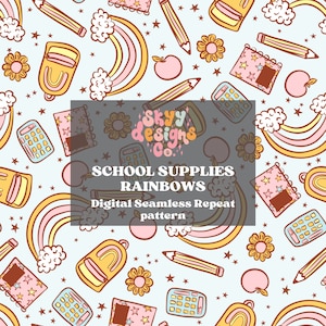パステルカラーの学校用品デジタルシームレスパターン、生地や壁紙用、明るい新学期用デジタルペーパーパターンファイル、パステルカラーのシームレス
