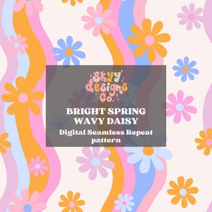Groovy retro spring daisy waves seamless pattern for retro floral fabric sublimations, Digital download retro pattern for spring