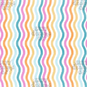 Peut inclure: Un motif sans couture de rayures ondulées dans des tons de bleu, rose, orange et jaune sur un fond blanc.