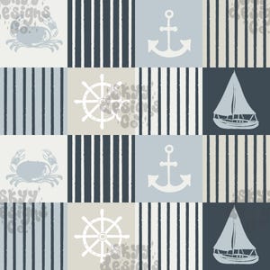 May include: A seamless pattern featuring a nautical theme with alternating stripes in blue and beige. The pattern includes images of a crab, an anchor, a ship's wheel, and a sailboat.