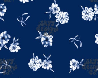 Blue Floral Bow Seamless Pattern for Spring and Summer, Coquette Flowers Paper Digital Download