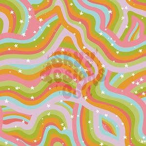 May include: A seamless pattern with flowing, rainbow-coloured stripes in pink, green, orange, and blue, dotted with white stars. The design has a retro, groovy aesthetic, suitable for fabric or wallpaper.