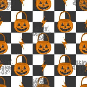 May include: A repeating pattern featuring orange jack-o'-lantern buckets with smiling faces and orange lightning bolts on a black and white checkered background. The design is a Halloween theme.