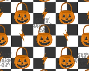 May include: A repeating pattern featuring orange jack-o'-lantern buckets with smiling faces and orange lightning bolts on a black and white chequered background. The design is a Halloween theme.