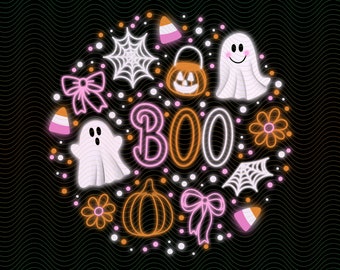 Coquette Spooky Ghosts Halloween PNG, Neon Pumpkin Bow T Shirt Design Digital Download