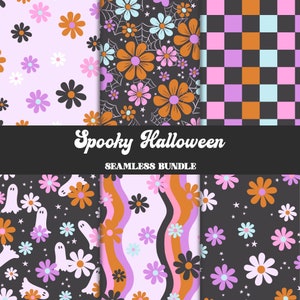 May include: A set of six digital seamless patterns featuring a spooky Halloween theme with ghosts, stars, flowers, and checkered patterns in pink, orange, black, and white.