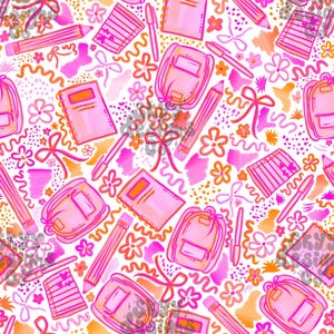 May include: A repeating pattern of school supplies in shades of pink, orange, and white. The design includes backpacks, notebooks, pencils, pens, flowers, and ribbons. The style is reminiscent of a watercolor painting.