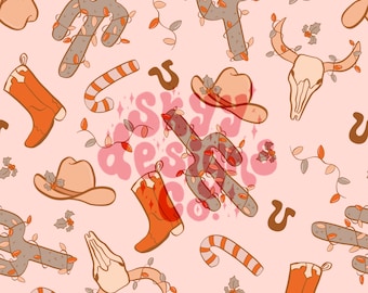 Western Christmas Seamless Pattern, Holiday Cowgirl Pattern Paper for Fabrics Digital Download
