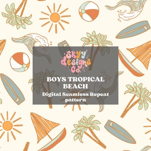 Boys tropical beach seamless pattern for Summer, trendy summer seamless fabric pattern file for boys, Digital seamless repeat pattern file