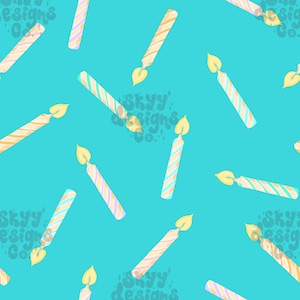 May include: A seamless pattern featuring colourful striped birthday candles with yellow flames on a turquoise background.
